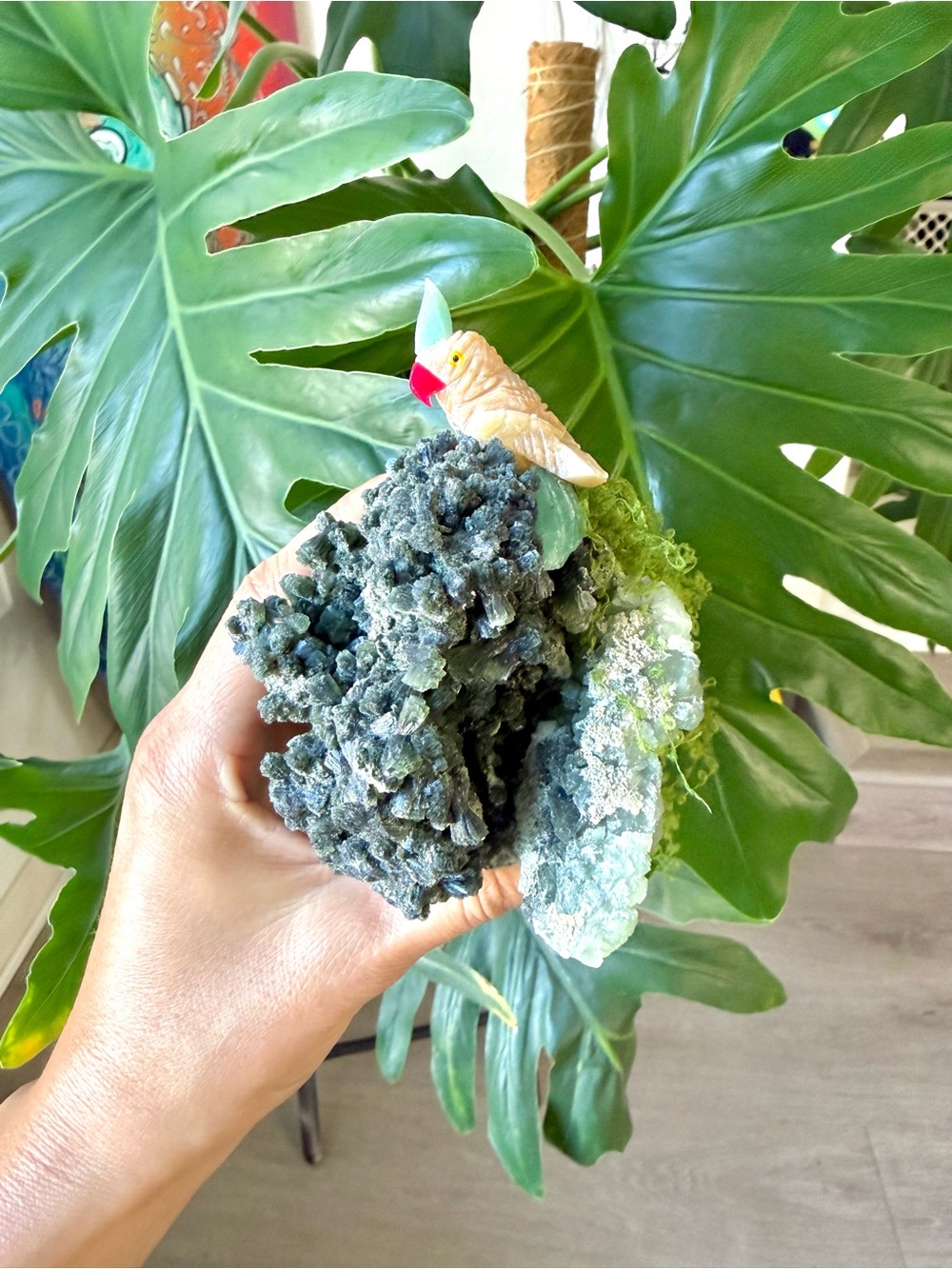 Gemstone Parrot carving on Prehnite - Collectors Art piece